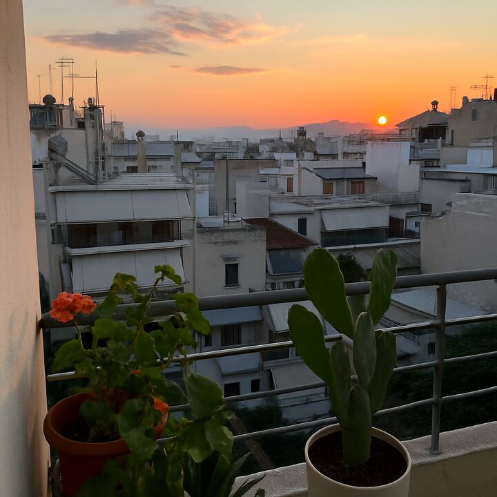 Sunset over rooftops in Athens