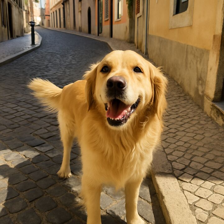 A happy dog on a street in Lisbon