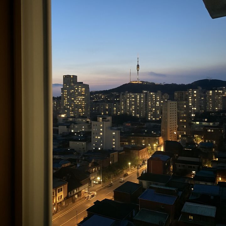Seoul from an apartment window at dusk