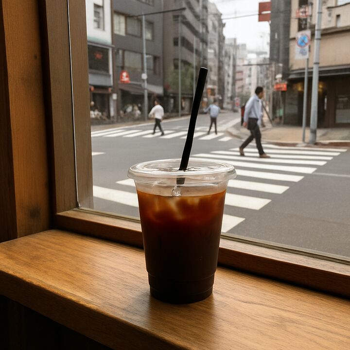 An iced coffee on a café counter, in the Buzly camera