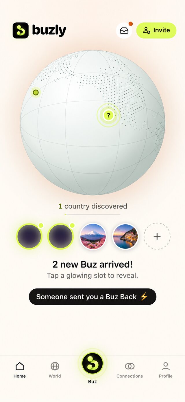 Buzly Home: the globe, your five Buz and two new moments waiting